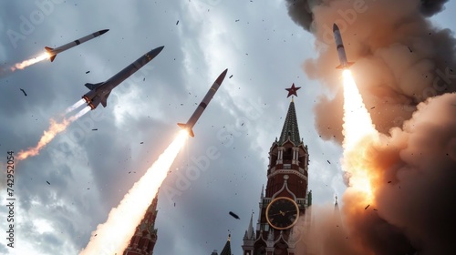 Imposing Image of Multiple Surface-to-Air Missiles Launching in a Salvo with Trails of Fire and Smoke Against a Cloudy Sky, Overlooking the Historic Kremlin Towers photo