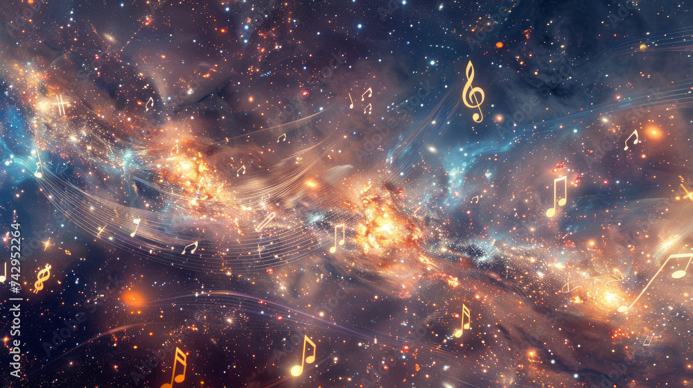 A cosmic symphony of quantum computing with musical notes weaving through the Milky Ways spiral arms - obrazy, fototapety, plakaty 