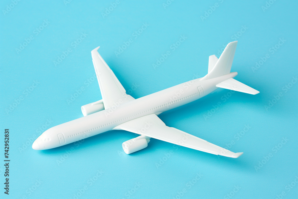 An air plane on blue background. Top view, white toy plane with copy space, minimal style. airliner, airplane, twin-engine jet aircraft. Travel and vacation concept An air plane on blue background. Top view, white toy plane with copy space, minimal style. airliner, airplane, twin-engine jet aircraft. Travel and vacation concept