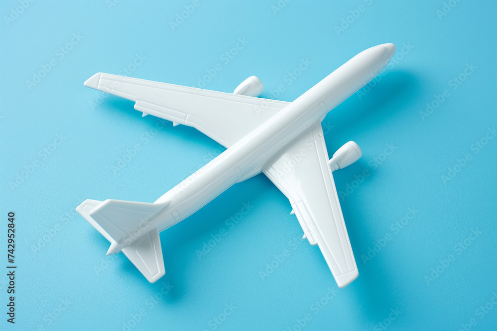 An air plane on blue background. Top view, white toy plane with copy space, minimal style. airliner, airplane, twin-engine jet aircraft. Travel and vacation concept