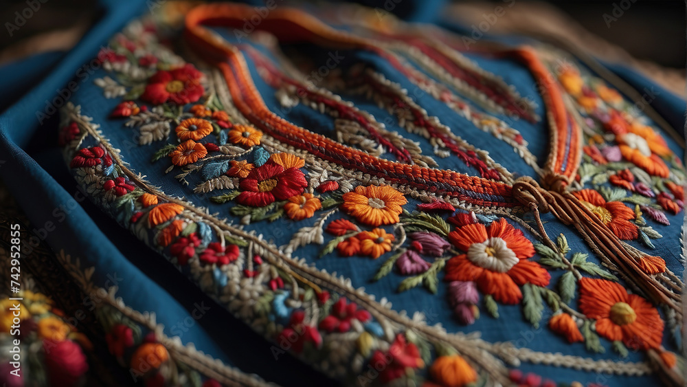Fragment of a dress with luxurious ethnic floral embroidery Fragment of a dress with luxurious ethnic floral embroidery