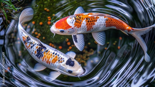 A tranquil scene captures the graceful movement of two large koi fish swimming peacefully in a serene pond