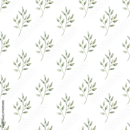Greenery delicate seamless pattern. Watercolor hand painted background. (ID: 742953692)