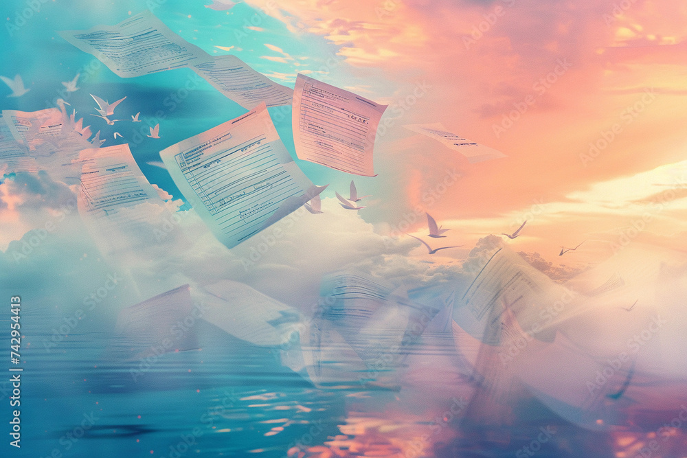 report card, blending realism with surreal elements, grades morphing into flying letters, set against a dreamy, soft-focus background with pastel colors, ethereal lighting adding to the whimsy - obrazy, fototapety, plakaty 