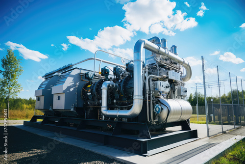 Industrial gas turbine electrical power generator installed outdoors under a clear blue sky with clouds.
