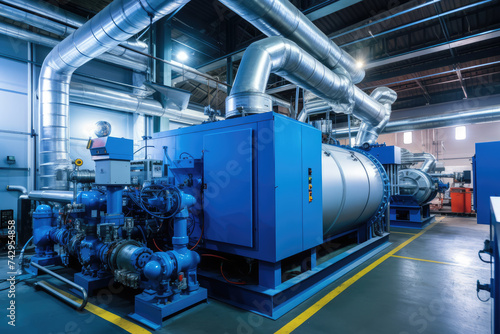 Modern industrial gas turbine in a power plant, showcasing complex machinery and piping in a high-tech facility.