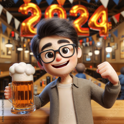 3D animation of a young man in glasses holding a glass of beer at a bar  2024 celebrations are being set in the background