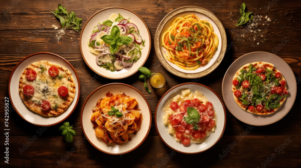 Group of italian meals on plates pizza, pasta, ravioli, carpaccio. caprese salad and tomato bruschetta on wood background. Top view Group of italian meals on plates pizza, pasta, ravioli, carpaccio. caprese salad and tomato bruschetta on wood background. Top view