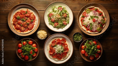 Group of italian meals on plates pizza, pasta, ravioli, carpaccio. caprese salad and tomato bruschetta on wood background. Top view