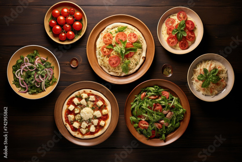 Group of italian meals on plates pizza  pasta  ravioli  carpaccio. caprese salad and tomato bruschetta on wood background. Top view