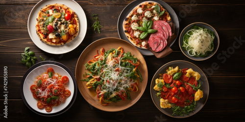 Group of italian meals on plates pizza, pasta, ravioli, carpaccio. caprese salad and tomato bruschetta on wood background. Top view