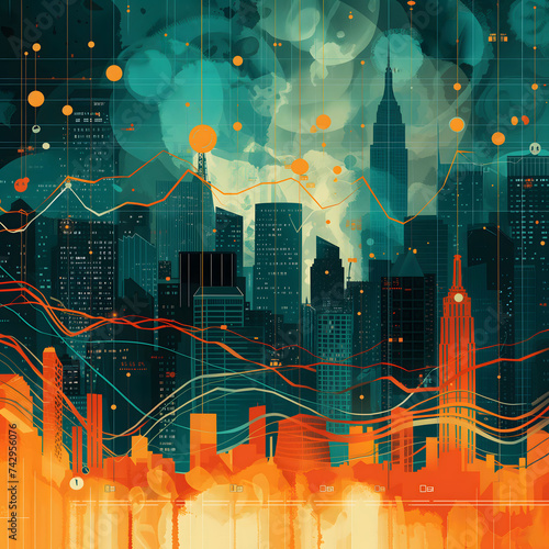 financial charts with stock market background and skyline, in the style of atmospheric cityscapes, teal and orange, 32k uhd, photorealistic detail, fluid lines and shapes