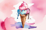 A vibrant watercolor art piece depicting a colorful ice cream cone on pink background. Copy space. The liquid like gesture of the gelato contrasts beautifully with the aqua ingredient