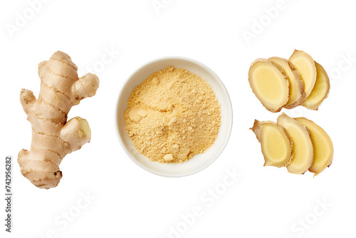 Top view ginger root and ginger powder isolated PNG photo