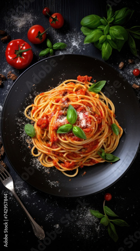 Tasty appetizing italian spaghetti pasta with tomato sauce, cheese parmesan and basil on plate on dark table. Top view