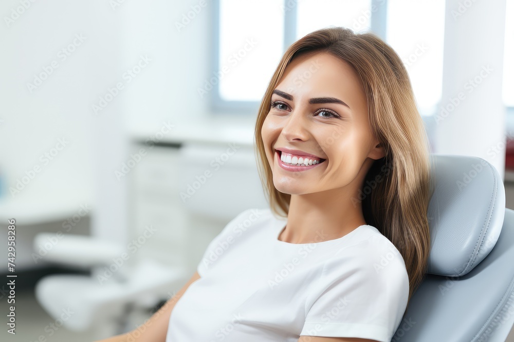 Smiling Woman Sitting in Dentists Chair During Routine Check-Up