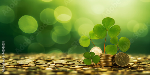 St. Patrick’s Day. Green and gold coins background. Clover, shamrock. Cardd template. Banner. photo