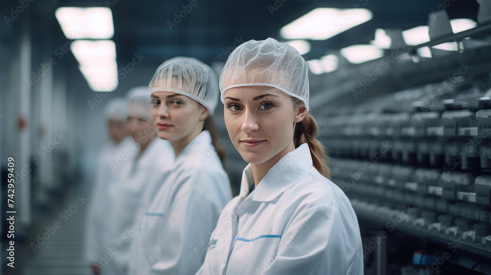 Two young female workers wearing lab coats standing by conveyor line in clean production workshop.