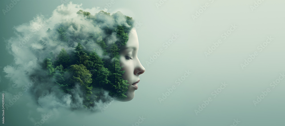 Woman portrait with trees, planet earth, green forest and woodland, environment concept, connect and protect nature, earth day Woman portrait with trees, planet earth, green forest and woodland, environment concept, connect and protect nature, earth day
