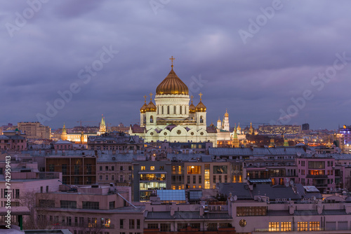 View of the Cathedral of Christ the Saviour at sunset in Moscow downtown, Russia.
