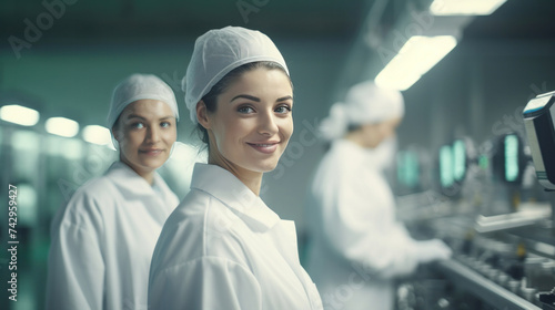 Two young female workers wearing lab coats standing by conveyor line in clean production workshop.