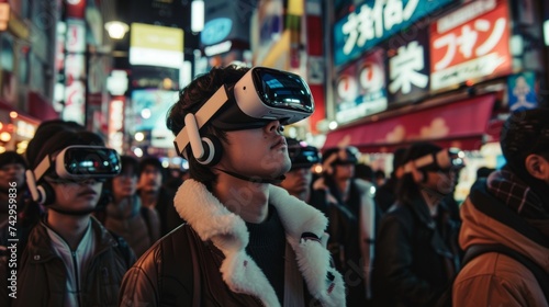 Crowd of citizens making wearing VR headset in tokyo city. People walking with virtual reality googles glasses on the street.Modern technologies and futuristic life,digital addiction concept. 