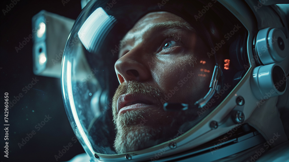 Portrait of a Caucasian Male Astronaut Wearing Helmet and Suit in Outer Space, Floating in Zero Gravity and Looking Around in Amazement. Space Travel, Solar System Exploration Concept