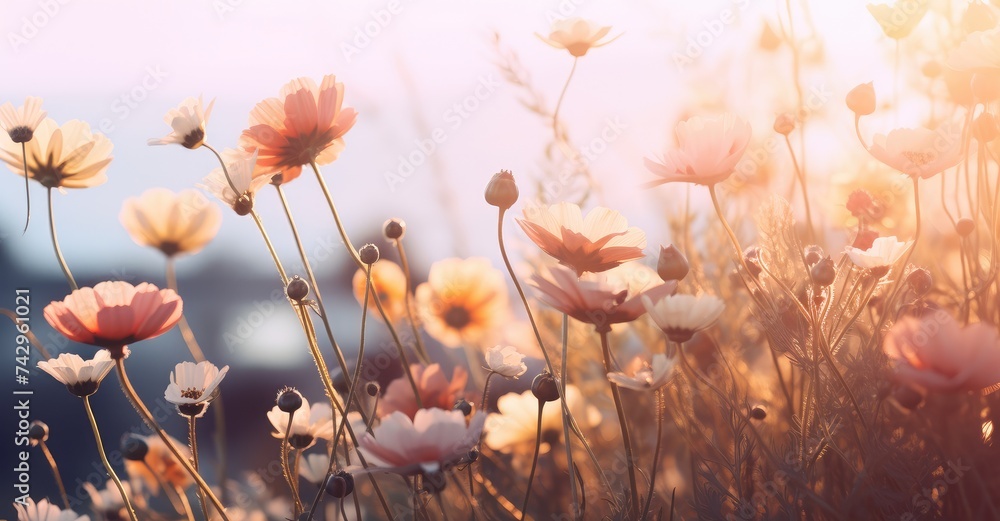 Sunset Serenade: Wildflowers Basking in Golden Light - Generative AI