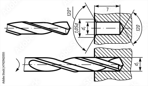 Vector engineering cad drawing of a mechanical part 
(steel drill bit). Computer aided design of machine parts 
with dimension lines. Technical cad background.