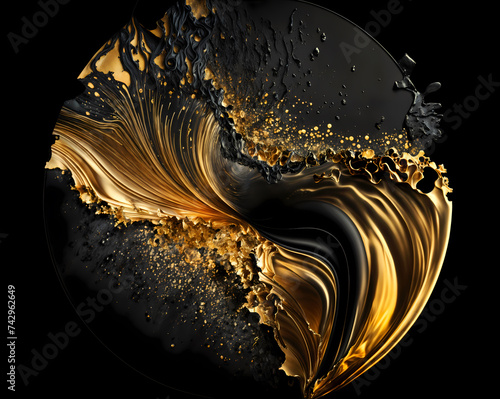 Abstract dynamic dispersion effect background for texture. Golden splashing particles. Concept of luxury, success, and triumph