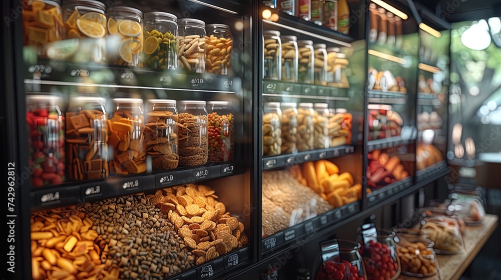 A transparent monitor integrated into a smart vending machine, displaying product images, prices,