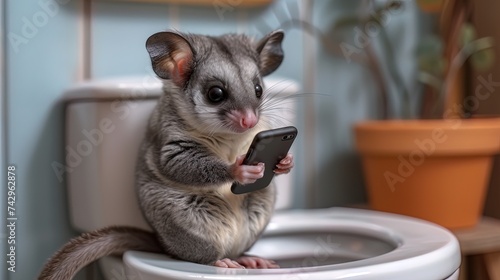 A sugar glider perched on a toilet lid, its tiny hands holding a smartphone as it appears to be br photo
