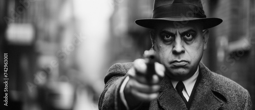 a bootlegger mobster aiming a pistol with an intense expression