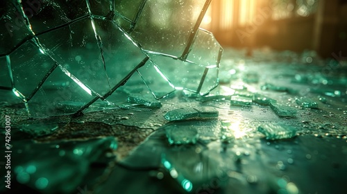 Shards of broken glass scattered across the floor, reflecting fractured patterns of light and shad