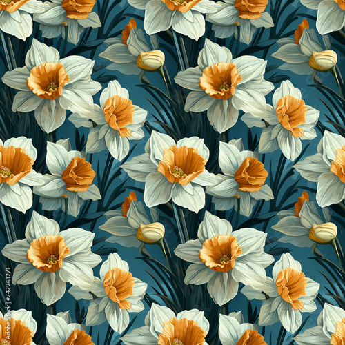 Realistic Illustration of Yellow Daffodil Plants on Blue Background Seamless Pattern