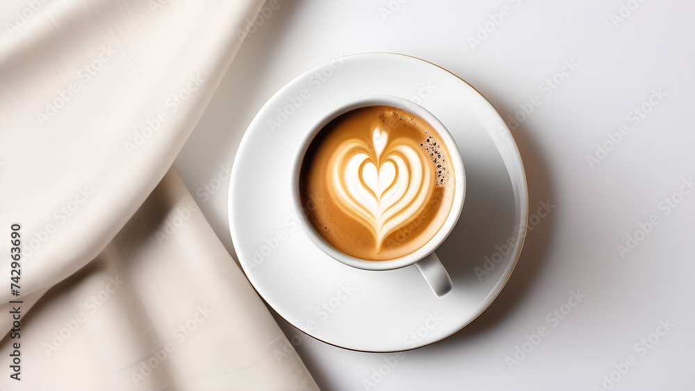 Hot espresso in white cup with beige napkin on the white, light background, morning routine, poster, top view, close up - obrazy, fototapety, plakaty 