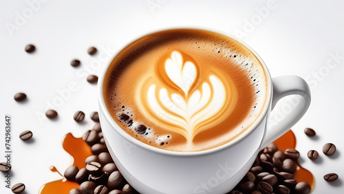 Coffee in white cup with coffee beans , splash of coffee on white background