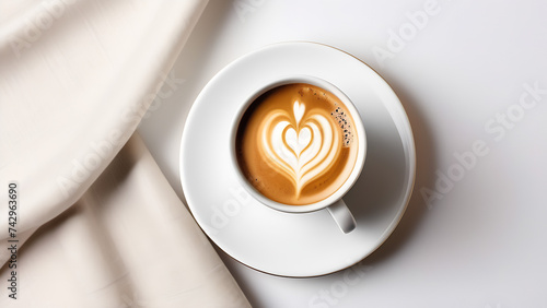 Hot espresso in white cup with beige napkin on the white, light background, morning routine, poster, top view, close up photo
