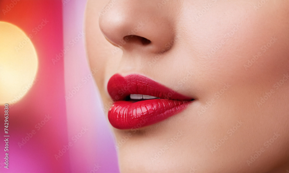 A captivating close-up of a woman’s lips, painted in a vibrant shade of red lipstick. The image exudes femininity and elegance, capturing the allure of beauty and makeup. A captivating close-up of a woman’s lips, painted in a vibrant shade of red lipstick. The image exudes femininity and elegance, capturing the allure of beauty and makeup.