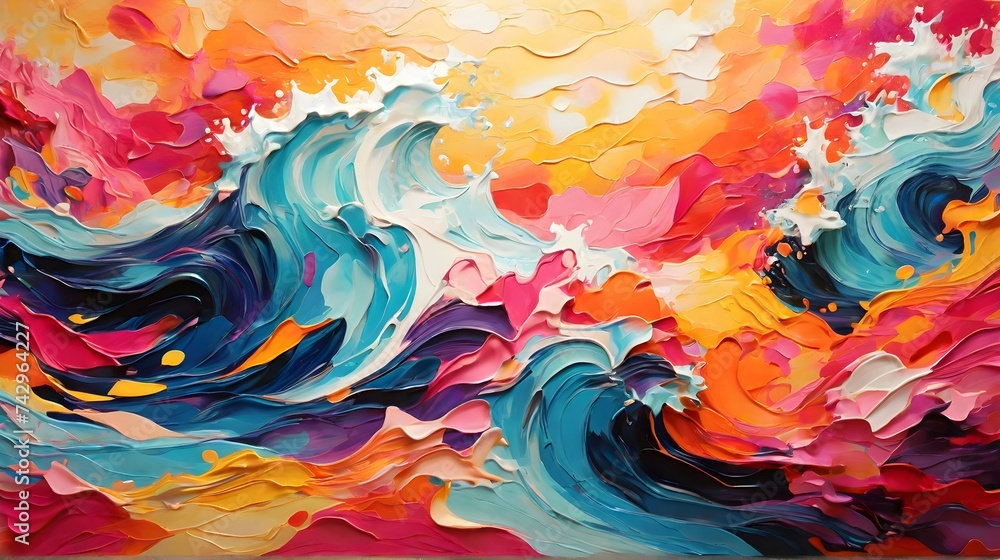 "Indulge in the vibrant energy of this abstract background, featuring a burst of bright and colorful waves. Let your mind wander as you explore the endless possibilities of this visually stunning piec - obrazy, fototapety, plakaty 
