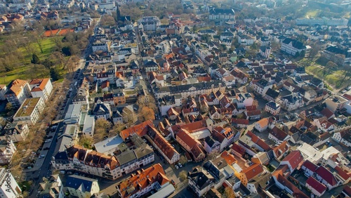 Aerial around the town Bad Nauheim in Germany on a sunny day in autumn