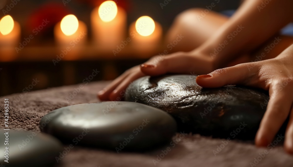 Relaxing hot stone massage at a luxurious spa salon. Warm stone therapy benefits and experience. - obrazy, fototapety, plakaty 