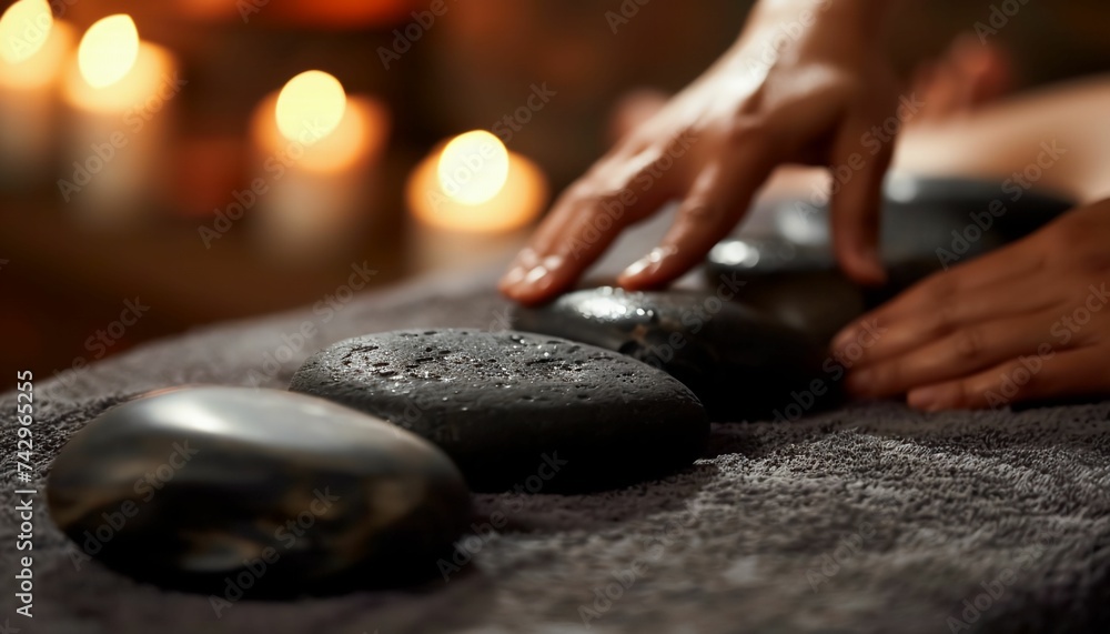 Relaxing hot stone massage at a luxurious spa salon. Warm stone therapy benefits and experience. - obrazy, fototapety, plakaty 