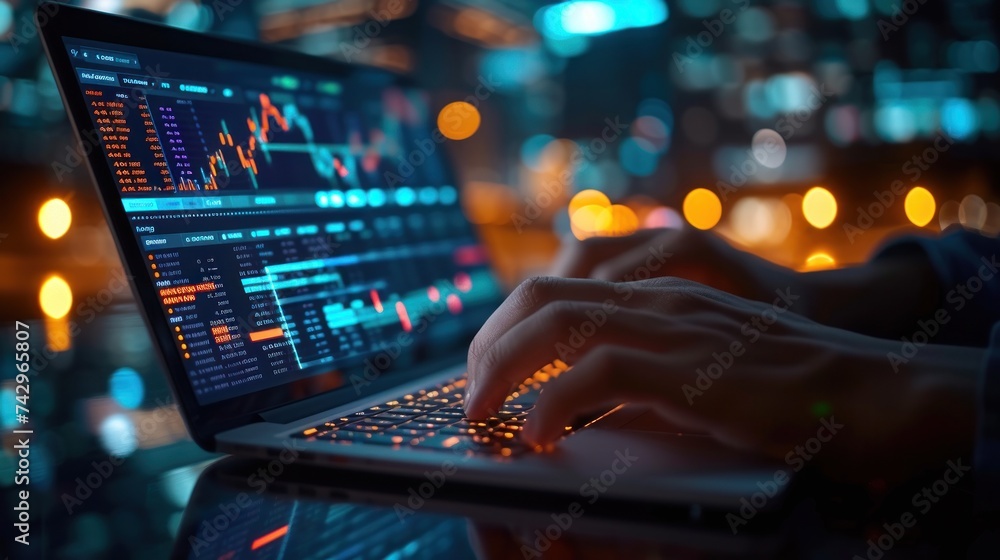 Trader. businessman investor working on laptop computer financial with graphic graph chart diagram, stock market, business strategy, investment, digital technology, trading statistics concept Trader. businessman investor working on laptop computer financial with graphic graph chart diagram, stock market, business strategy, investment, digital technology, trading statistics concept