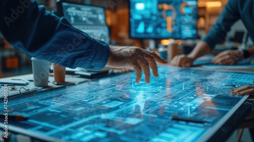 Fototapeta Naklejka Na Ścianę i Meble -  professional architect, engineer or interior hand working on virtual digital blueprint on computer in office center at construction site, construction, technology, contractor, engineering concept