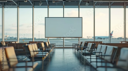 Ads. big mock up of horizontal blank advertising billboard or light box showcase at airport, copy space for your text message or media content, advertisement, commercial and marketing concept