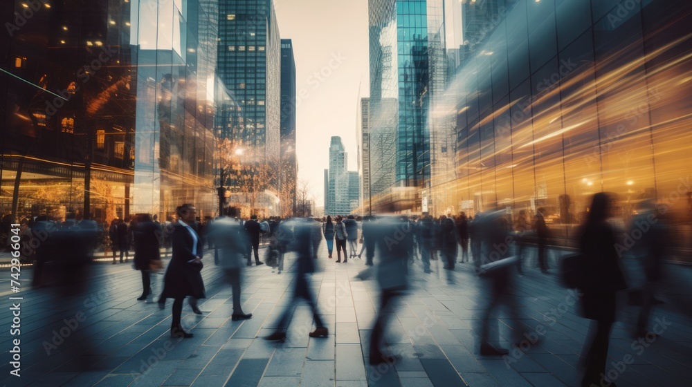 motion blur image of business people crowd walking at corporate office in city downtown, blurred background, business center concept