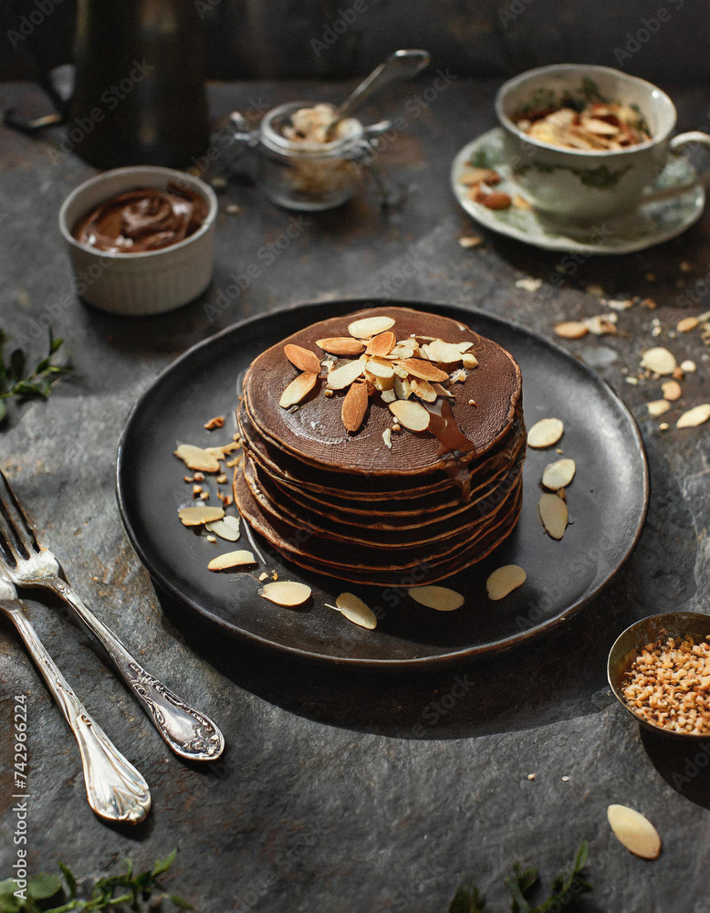 Verlockende Nutella-Pancakes mit gerösteten Mandelsplittern Leckere Köstlichkeit auf einem weißen Teller Verlockende Nutella-Pancakes mit gerösteten Mandelsplittern Leckere Köstlichkeit auf einem weißen Teller