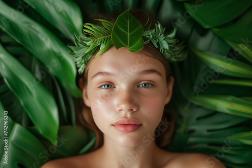 Natural Elegance: Young Girl with Tropical Leaf 