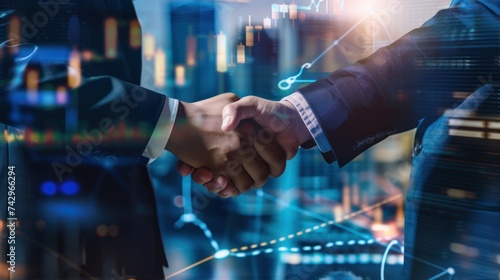 two business man investor handshake with graph chart stock market diagram background, trading, internet communication, stock market, partnership, digital technology, teamwork concept